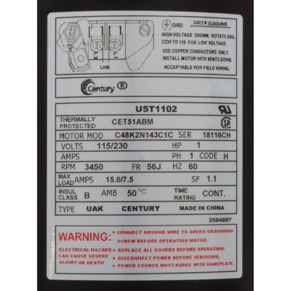 Mtr, Cent, 1Hp, 115/230V, 1-Sp, Sf1.1, 56Jfr : UST1102