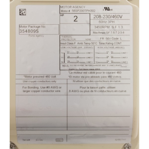 Motor, Pentair WF/WFXF, 2.0hp, 1Spd, 208-230/460v, 3PH, SQFL, TEFC : 354809S