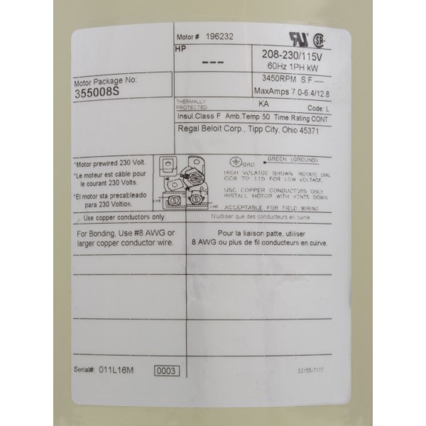 Motor, Pentair SF/WF, 0.75hp, 115/208-230v, 1-Spd, SQFL, EE, Full : 355008S