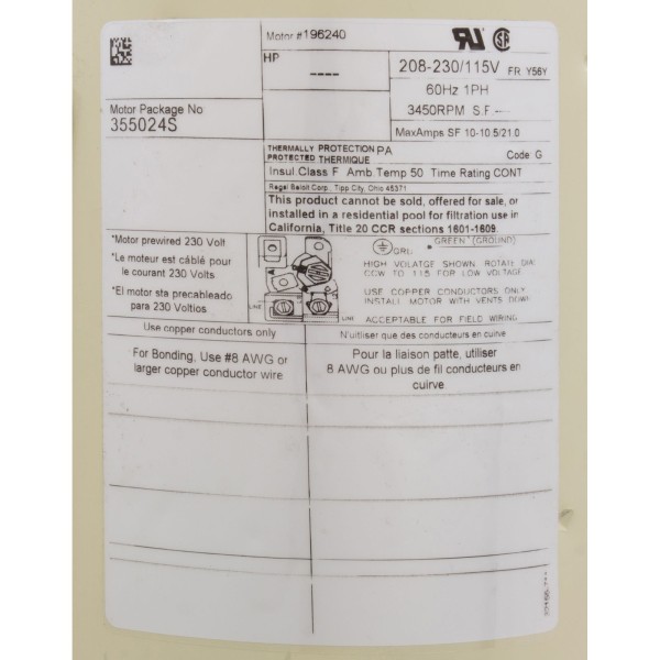 Motor, Pentair WF/SF, 1.5hp, 115v/208-230v, 1-Spd, 56Y SQFL, Full : 355024S