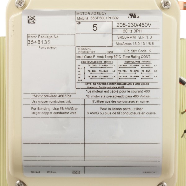 Motor, Pentair WFXF, 5.0hp, 3PH, TEFC, 208-230/460v, Almond : 354813S