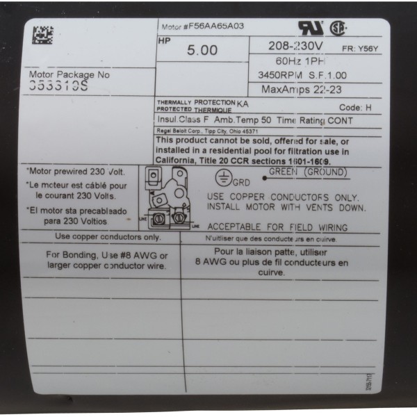 Motor, Pentair, 5.0hp, 230v, 1-Spd, 56Yfr, SQFL : 353319S