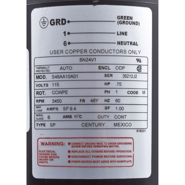 Motor, Century, 0.75 Horsepower, 115v, 1 Speed, 48 Frame : BN24V1