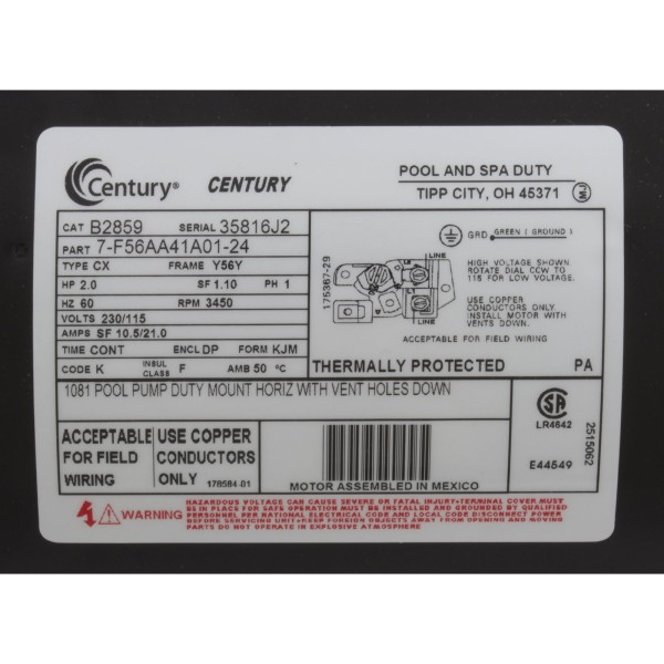 Motor, Century, 2hp, 115/230v, 1-Spd, 56Fr, Up Rate : B2859