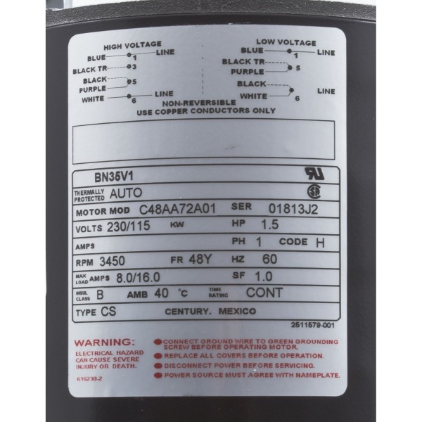 Motor, Century, 1.5 Horsepower, 115v/230v, 1 Speed, 48 Frame : BN35V1