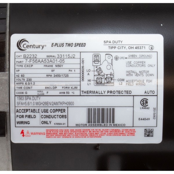 Motor, Century, 1.0 Horsepower, 230v, 2-Speed, 56Y Frame : B2232