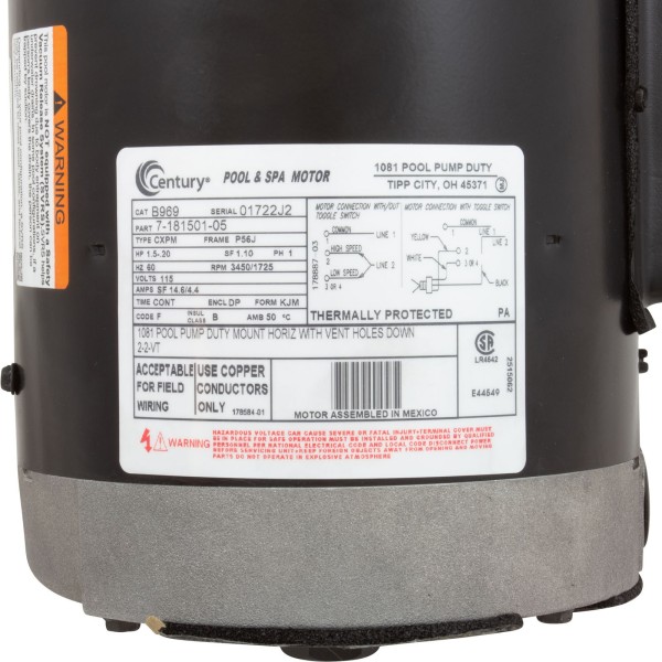 Motor, Century, 1.5hp, 2-Spd, 115v, 56JFr, C-Face, Full Rated, Thd : B969