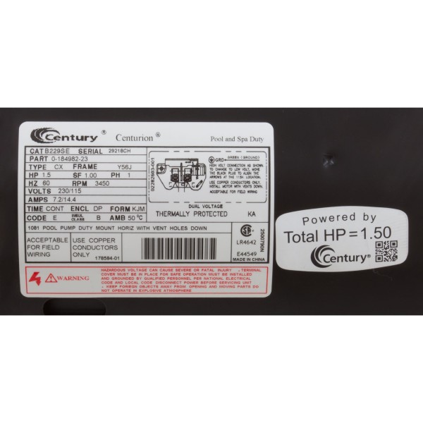 Motor, Century, 1.5hp, 115v/230v, 1-Spd, 56Jfr, Up Rate, C-Face : B229SE