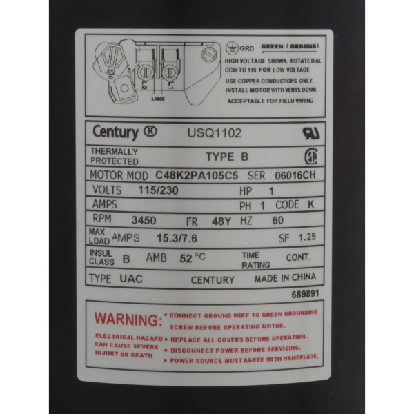 Motor, Century, 1.0hp, 115v/230v, 1-Speed, 48Y Frame : USQ1102