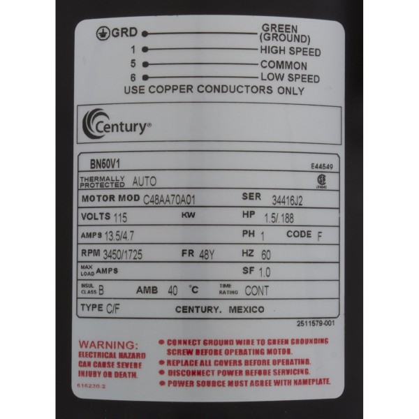 Motor, Century, 1.5 Horsepower, 115v, 2 Speed, 48 Frame : BN50V1