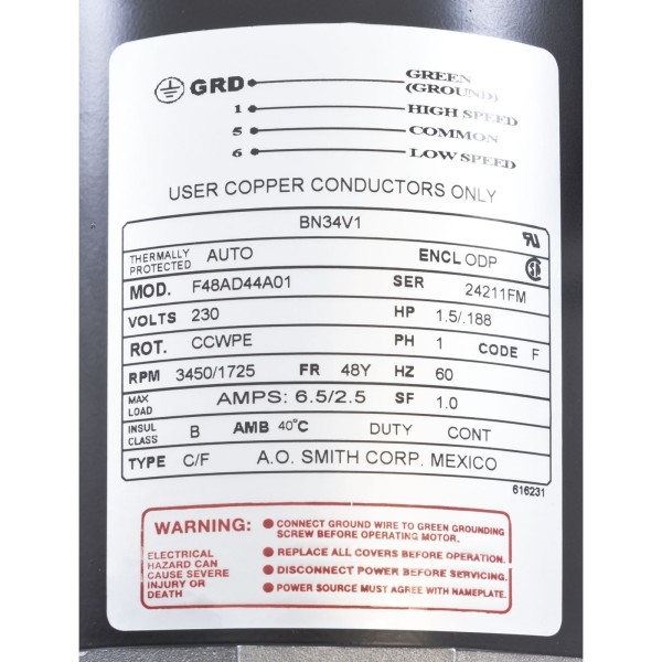 Motor, Century, 1.5 Horsepower, 230v, 2 Speed, 48 Frame : BN34V1