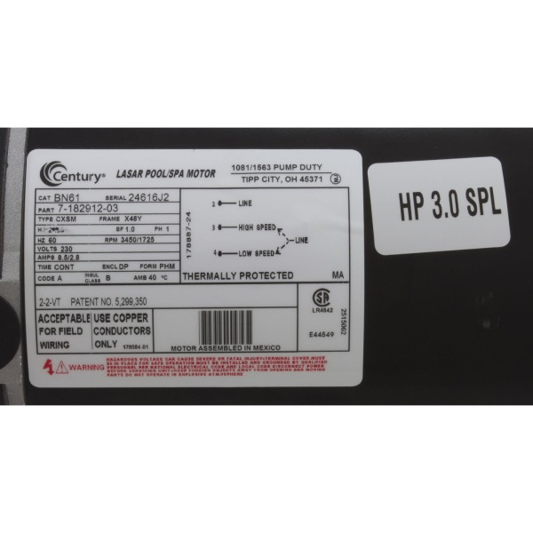 Motor, Century, 3.0 SPL, 230v, 2 Speed, 48 Frame, EE : BN61