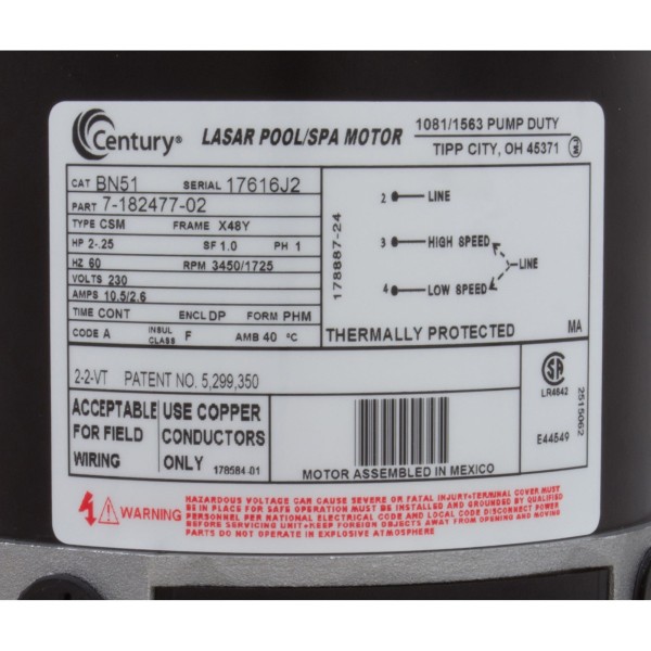 Motor, Century, 2.0 Horsepower, 230v, 2 Speed, 48 Frame : BN51
