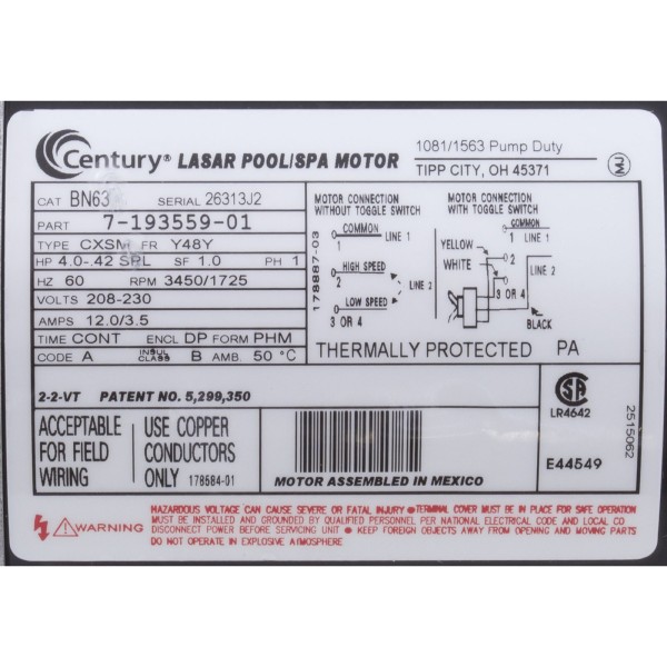 Motor, Century, 4.0 Horsepower, 208v-230v, 2 Speed, 48 Frame : BN-63