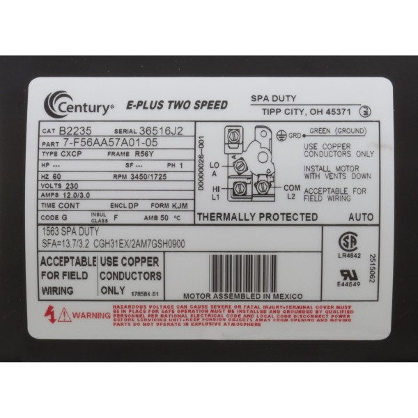 Motor, Century, 4.0 Horsepower, 230v, 2 Speed, 56 Y Frame : B2235