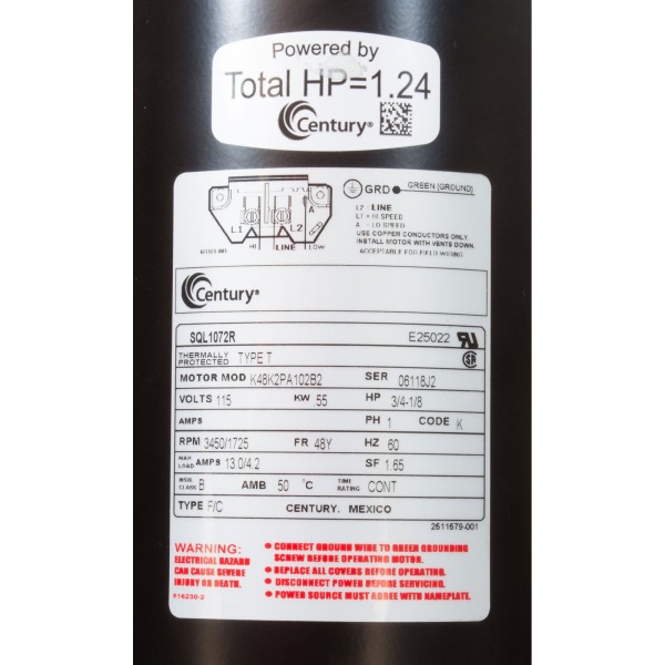 Motor, Century/AOSmith, 0.75hp, 115v, 2-Spd, 48Yfr, SQFL, Full : SQL1072R