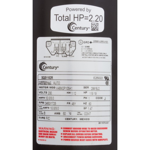 Motor, Century, 1.5hp, 230v, 2-Spd, 48Yfr, SQFL, Full : SQS1152R
