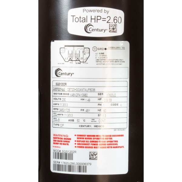 Motor, Century, 2.0hp, 230v, 2-Spd, 48Yfr, SQFL, Full : SQS1202R