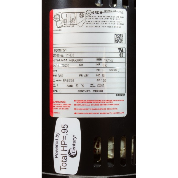 Motor, Century, 3/4hp, 115v/230v, 1-Spd, 48Y, SQFL, Up Rate : UQC1072V1