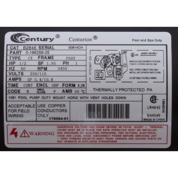 Motor, Century, 0.5hp, 115v/230v, 1-Spd, 56Yfr, SQFL : B2846