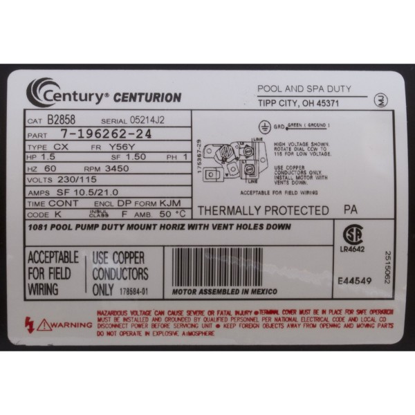 Motor, Century, 1.5hp, 115v/230v, 1-Spd, 56Yfr, SQFL, Full Rate : B2858