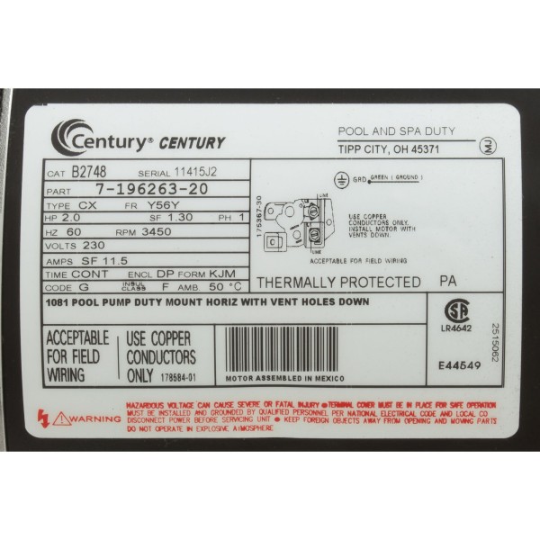 Motor, Century, 2.0hp, 230v, 1-Spd, 56Yfr, SQFL : B2748