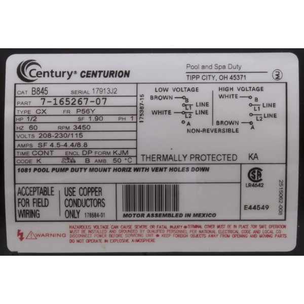 Motor, Century, 0.5hp, 115v/230v, 1-Spd, 56Yfr, SQFL, EE : B845