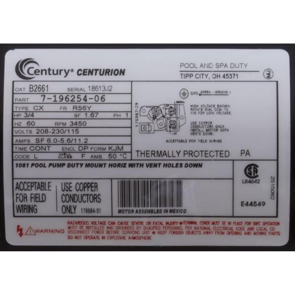 Motor, Century, 0.75hp, 115v/230v, 1-Spd, 56Yfr, SQFL, EE : B2661