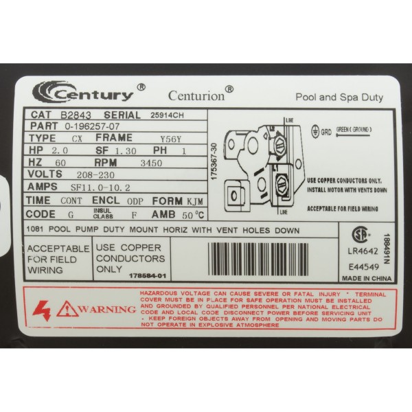 Motor, Century, 2.0hp, 208v-230v, 1-Spd, 56Yfr, SQFL, EE : B2843