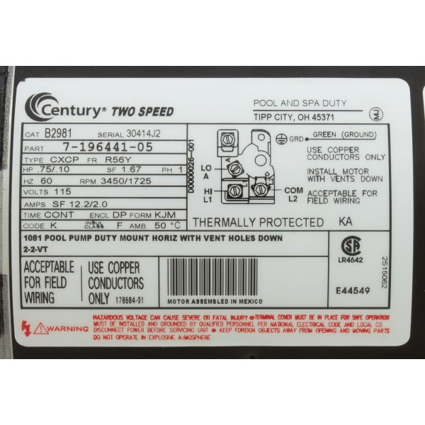 Motor, Century, 0.75hp, 115v, 2-Spd, 56Yfr, SQFL, EE : B2981