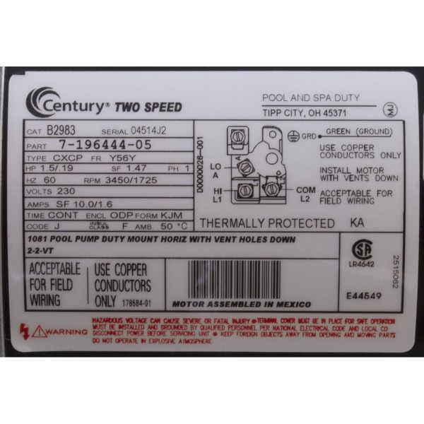 Motor, Century, 1.5hp, 230v, 2-Spd, 56Yfr, SQFL, EE : B2983