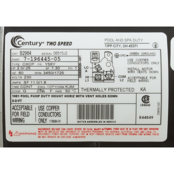 Motor, Century, 2.0hp, 230v, 2-Spd, 56Yfr, SQFL, EE : B2984