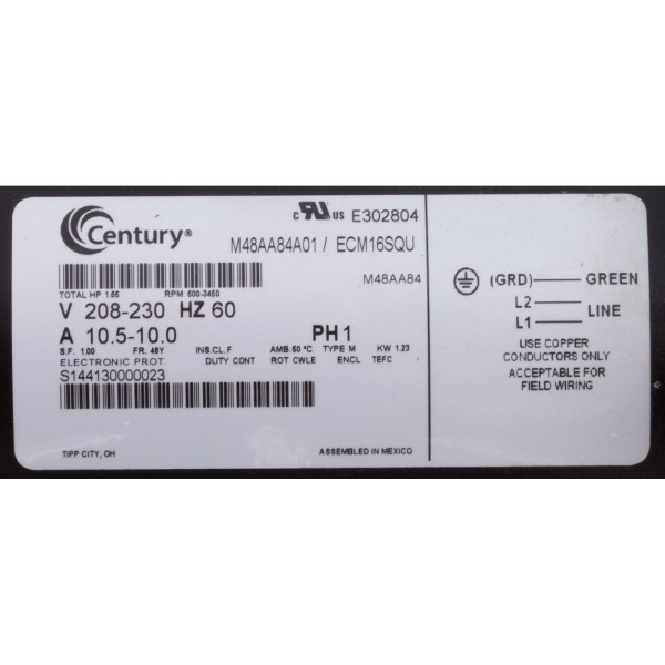Motor, Century, 208v-230v, Var-Spd, 48fr, SQFL, V-Green : ECM16SQU