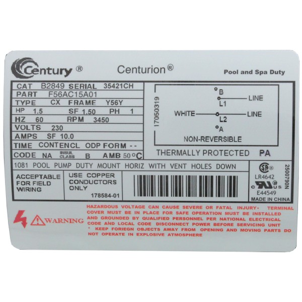 Motor, Century, 1.5hp, 1-Spd, 230v, SQFL, 56Y Frame : B2849