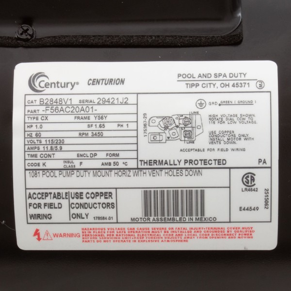 Motor, Century, 1.0hp, 115v/230v, 1-Speed, 56Yfr, SQFL : B2848V1