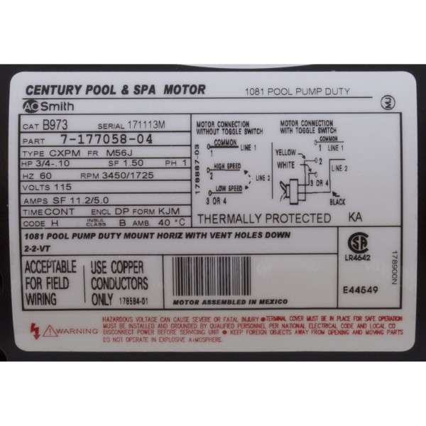 Motor, Century, 0.75hp, 115v, 2-Spd, 56Jfr, C-Face Thd : B2973