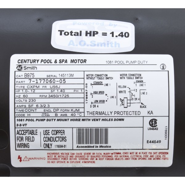 Motor, Century, 1.0hp, 230v, 2-Spd, 56Jfr, C-Face Thd : B2975