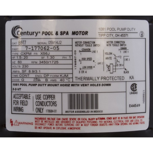 Motor, Century, 1.5hp, 230v, 2-Spd, 56Jfr, C-Face Thd : B2977