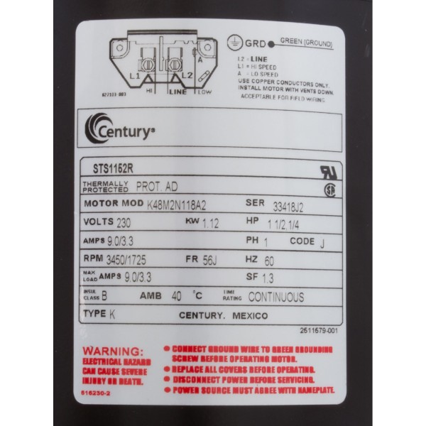 Motor, Century/AOSmith, 1.5hp, 230v, 2-Spd, 56Jfr, C-Face, Thd : STS1152R
