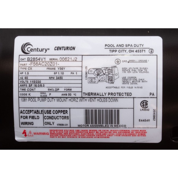 Motor, Century, 1.5hp, 115/230v, 16/8Amp, 1-Speed, 56Fr : B2854V1