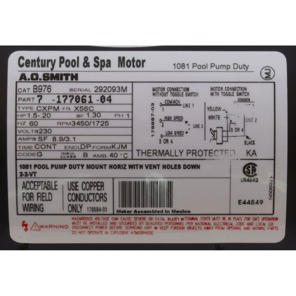 Motor, Century, 1.5hp, 230v, 2-Spd, 56Cfr, C-Face Key : B976