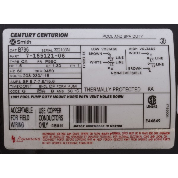 Motor, Century, 1.5hp 115v/208-230v, 1-Spd, 56Cfr, C-Face Key, EE : B795