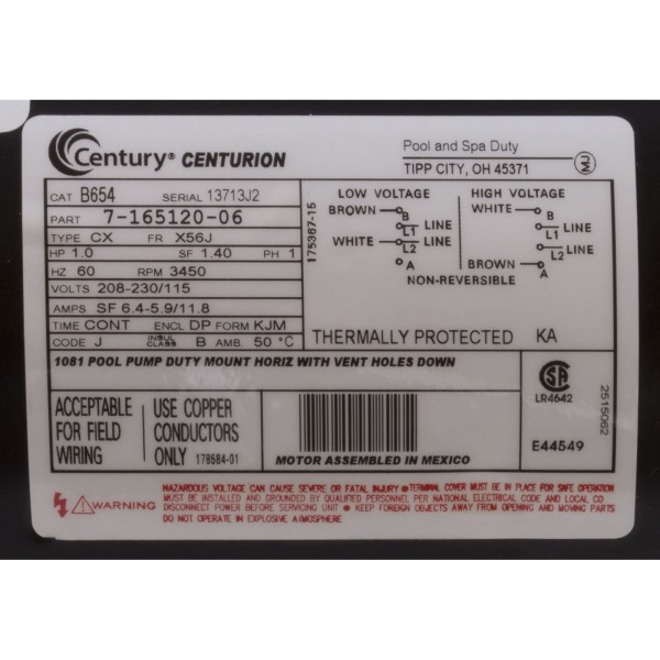 Motor, Century, 1.0hp, 115v/230v, 1-Spd, 56Jfr, C-Face Thd, EE : B654