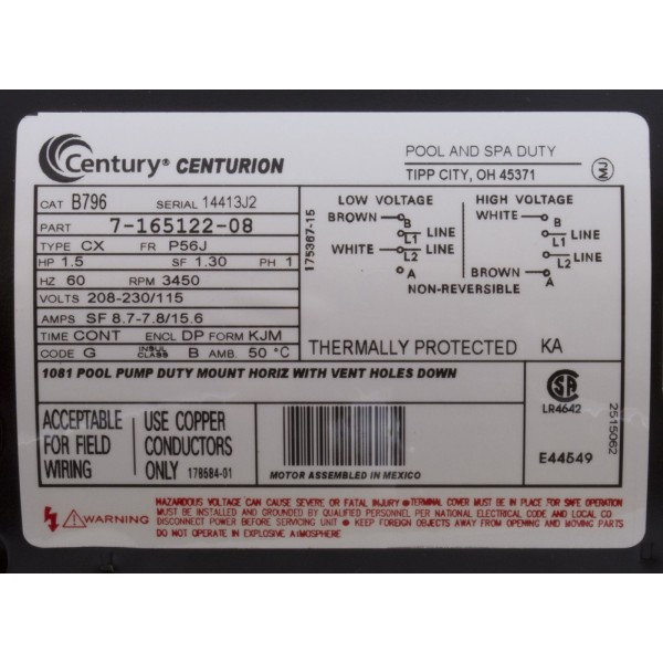 Motor, Century, 1.5hp, 115v/208-230v, 1Spd, 56Jfr, C-Face Thd, EE : B796