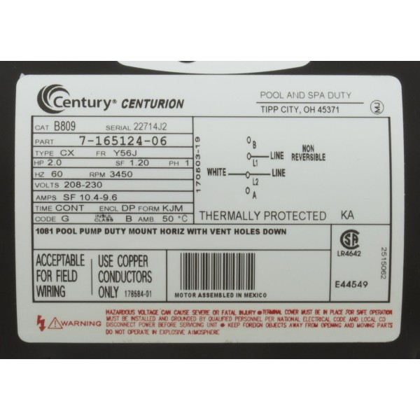 Motor, Century, 2.0hp, 208v-230v, 1-Spd, 56Jfr, C-Face Thd, EE : B809