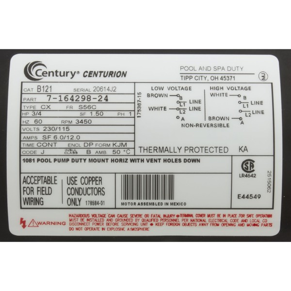 Motor, Century, 0.75hp, 115v/230v, 1-Spd, 56Cfr, C-Face Key : B121