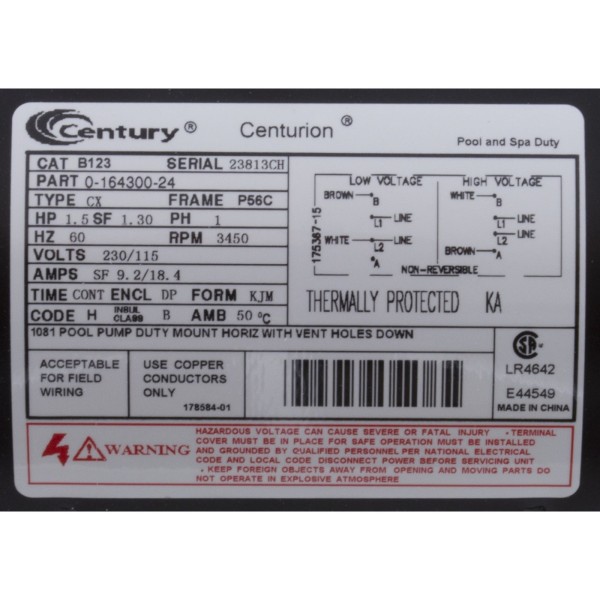 Motor, Century, 1.5hp, 115v/230v, 1-Spd, 56Cfr, C-Face Key : B123