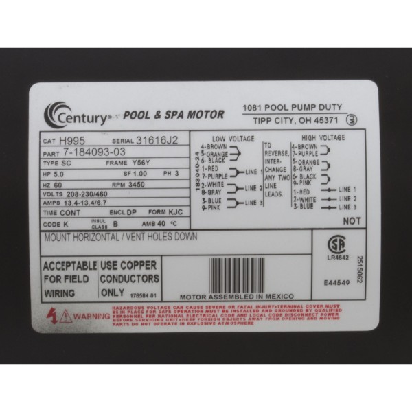 Motor, Century, 5.0hp, 208-230v/460v, SQFL, 56Y Frame, 3 Ph, Thd : H995