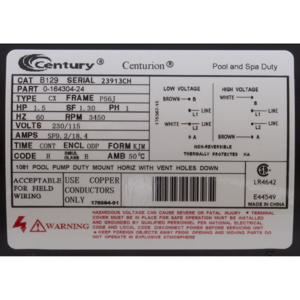 Motor, Century, 1.5hp, 115v/230v, 1-Spd, 56Jfr, C-Face Thd : B129