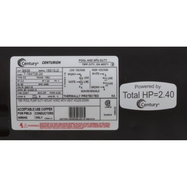 Motor, Century, 2.0hp, 115v/230v, 1-Spd, 56Jfr, C-Face Thd : B836